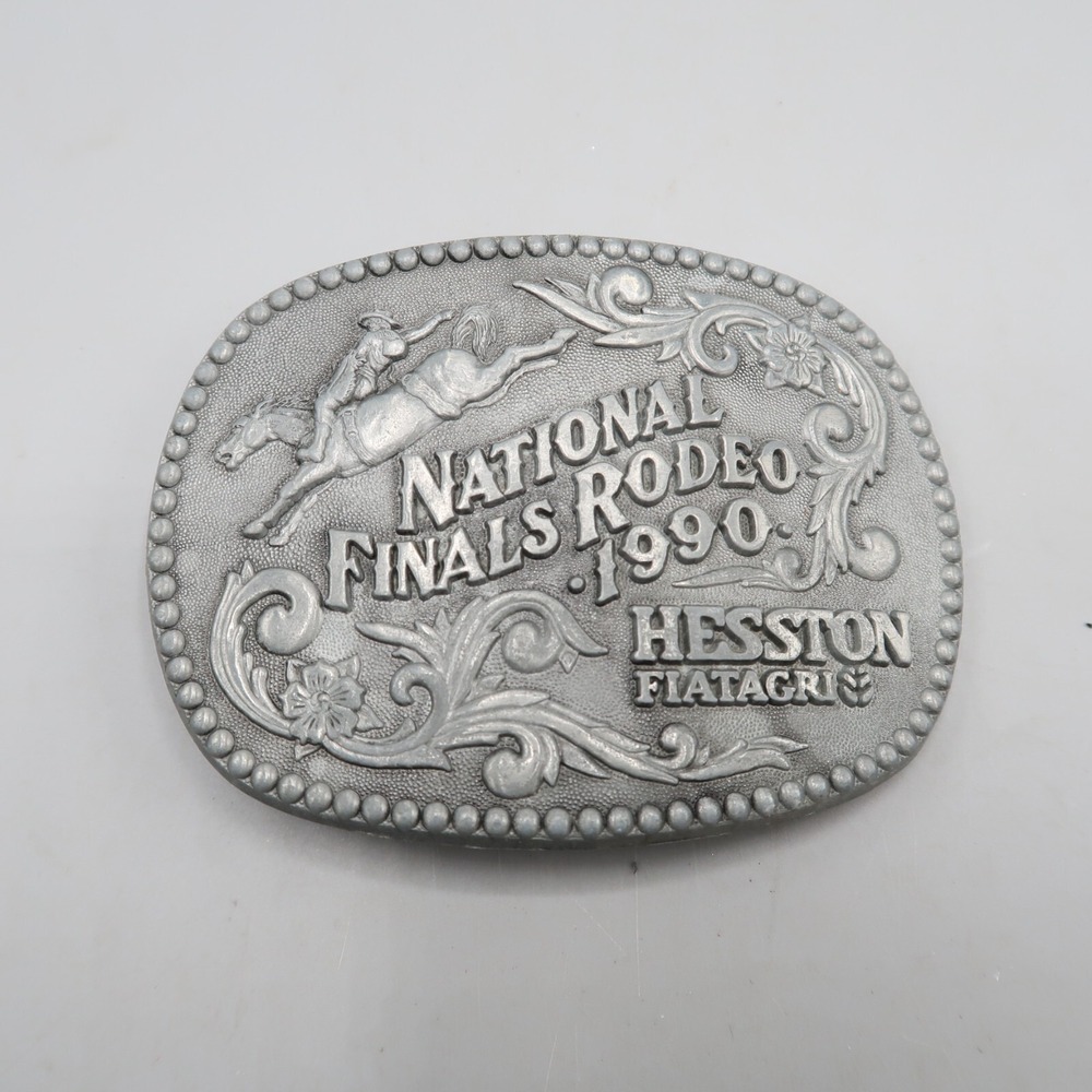 1990 Hesston National Finals Rodeo Oval Belt Buckle Cowboy Horse Metal Vintage